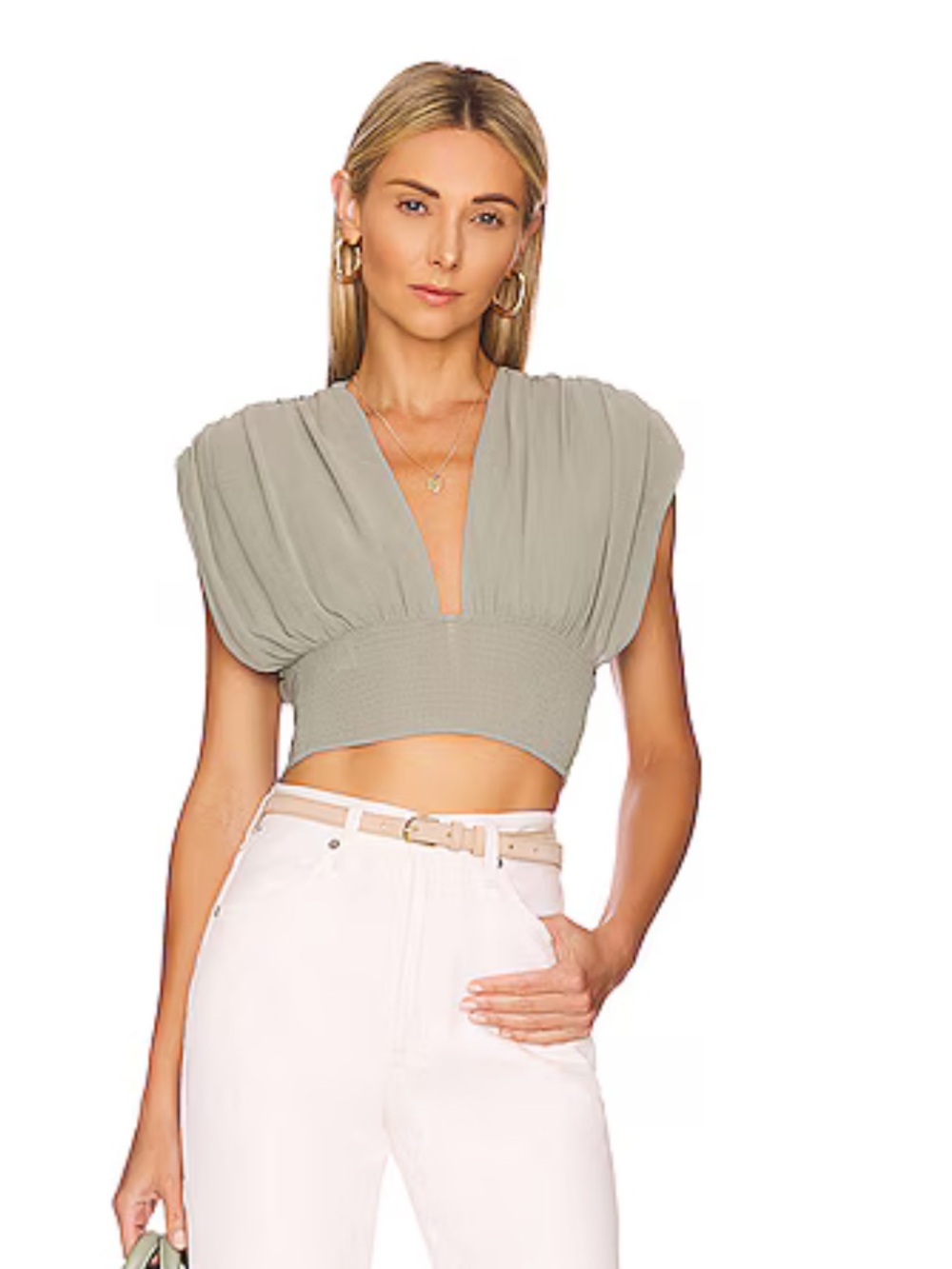 Free People Sage Green Pleated V-Neck Smocked Crop Top
